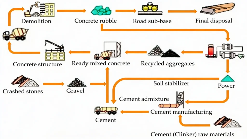 A demolition site uses water spray and vacuum tools while crushed concrete is loaded for recycling.