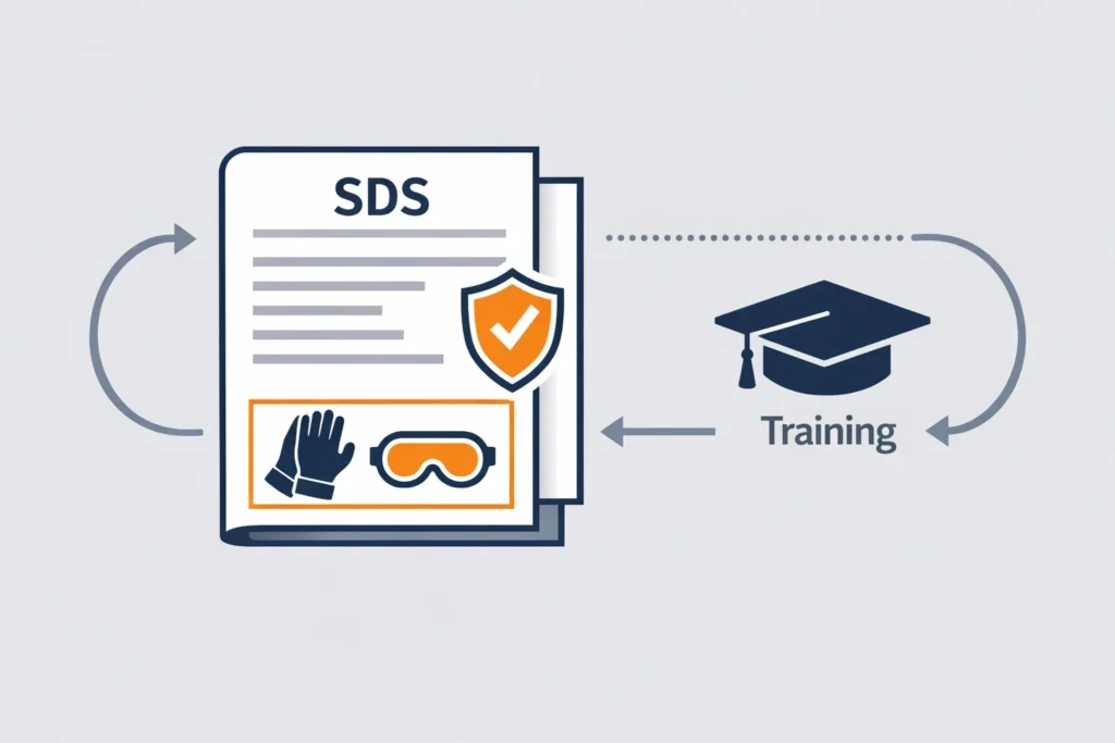 An open safety data sheet shows PPE guidance for handling polypropylene fiber products.