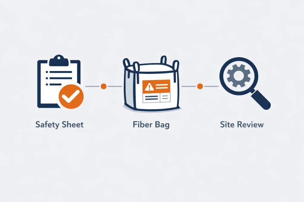 A site supervisor reviews a safety sheet and a fiber bag label before mixing concrete.