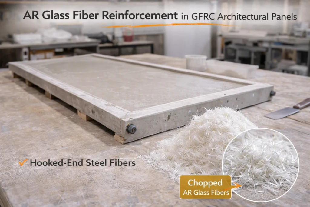 A thin GFRC panel mold sits on a table while chopped AR glass fibers are prepared for mixing.
