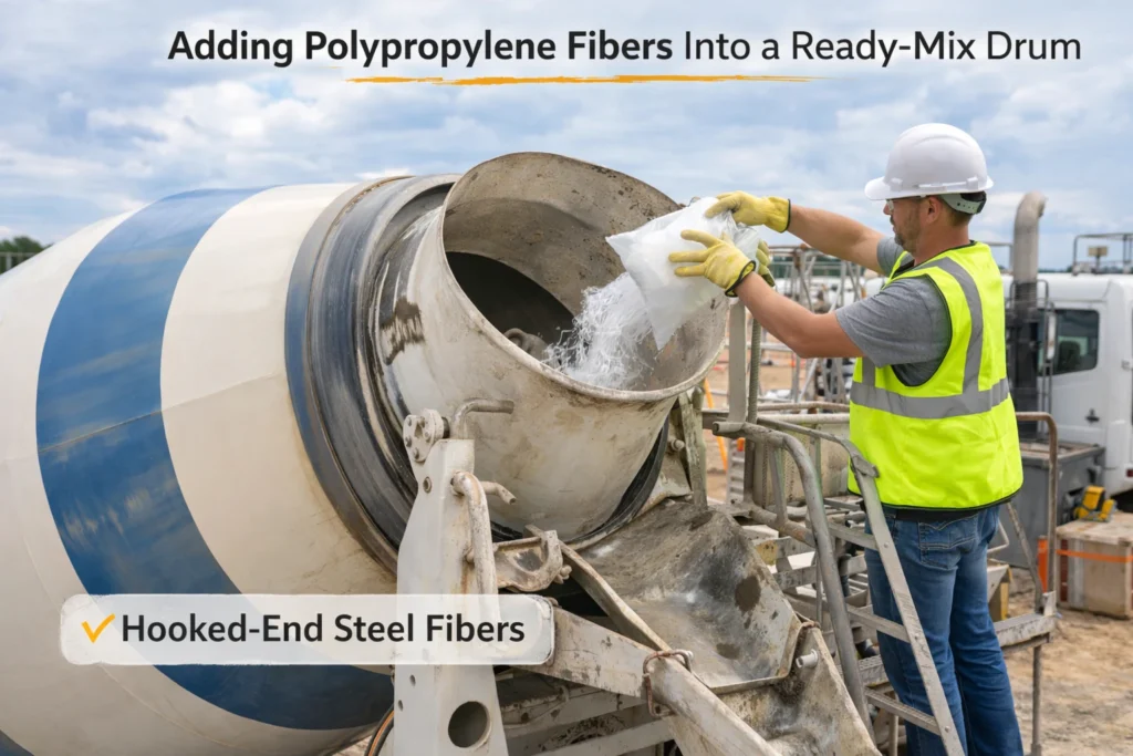 A worker adds bags of polypropylene fibers into a rotating ready-mix truck drum on site.
