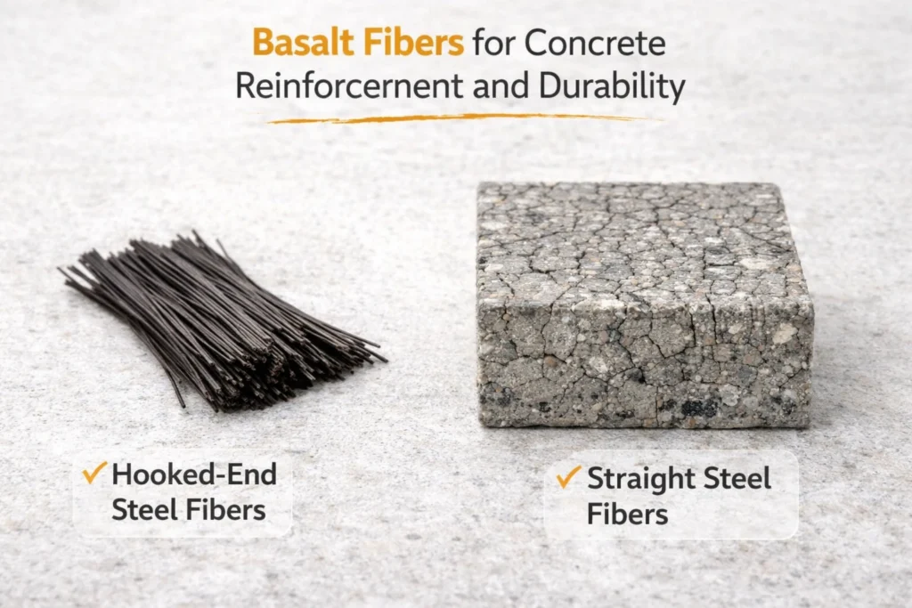A small bundle of dark basalt fibers sits next to a concrete sample with a tight crack pattern.