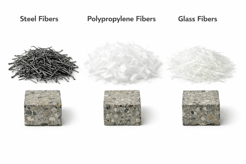 A clean layout shows steel fibers, polypropylene fibers, and glass fibers placed next to small concrete samples.