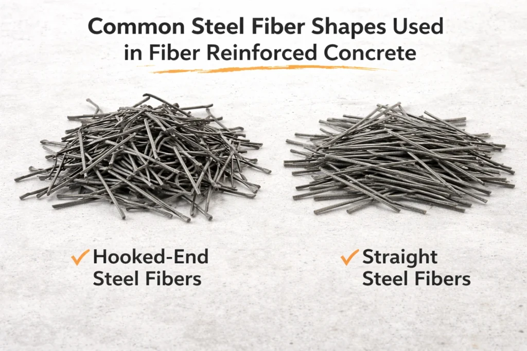 A close-up shows hooked-end steel fibers and straight steel fibers in a small pile.