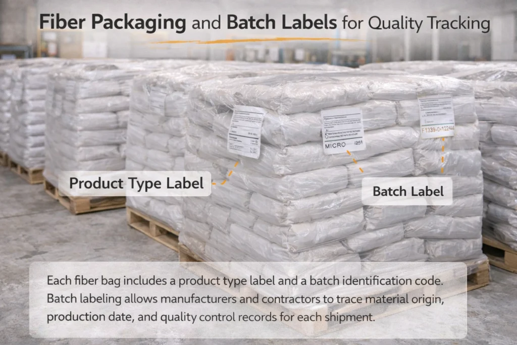 Pallets of fiber bags sit in a clean warehouse and each bag shows a product type label and a batch label.