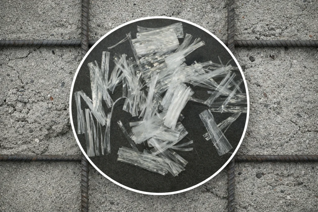A close-up shows white fibrillated polypropylene fibers with a net-like structure beside a concrete sample.