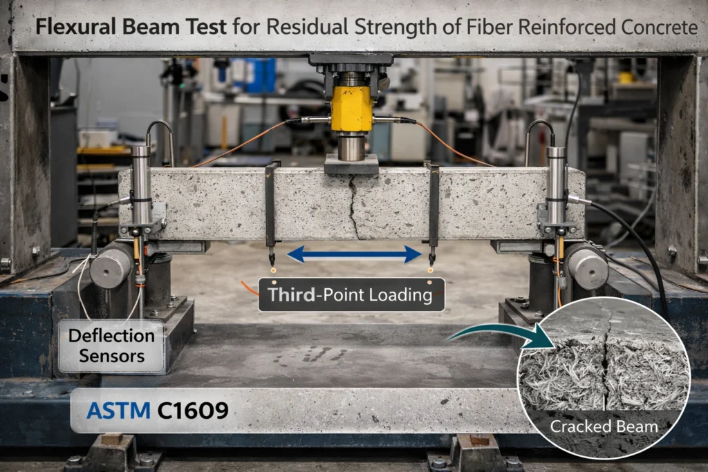A lab frame applies third-point loading to a concrete beam while sensors track deflection for a C1609-style test.