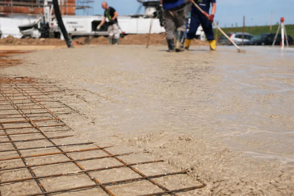 A crew places a slab under sun and wind while curing materials sit ready near the pour area.