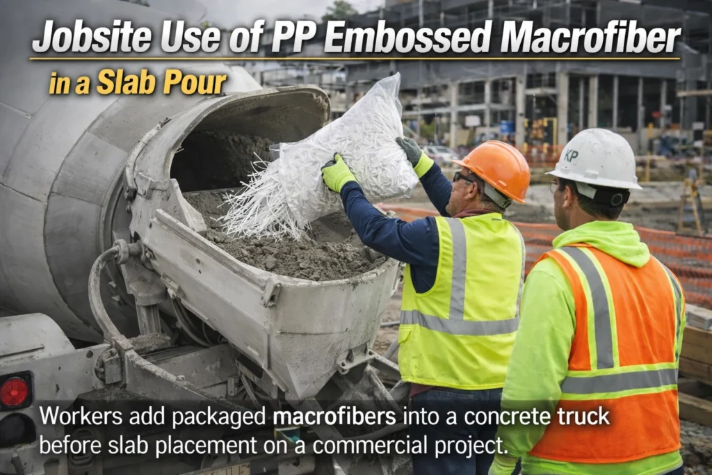 Workers add packaged macrofibers into a concrete truck before slab placement on a commercial project.