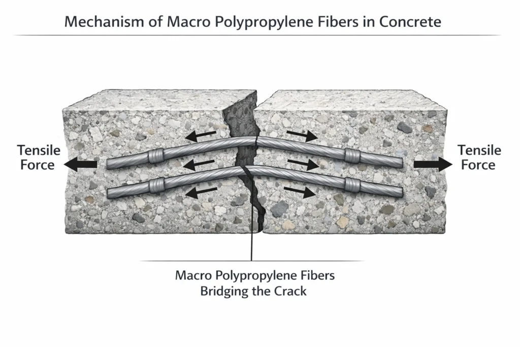 A simple diagram shows macro polypropylene fibers spanning a crack and holding the crack faces together.