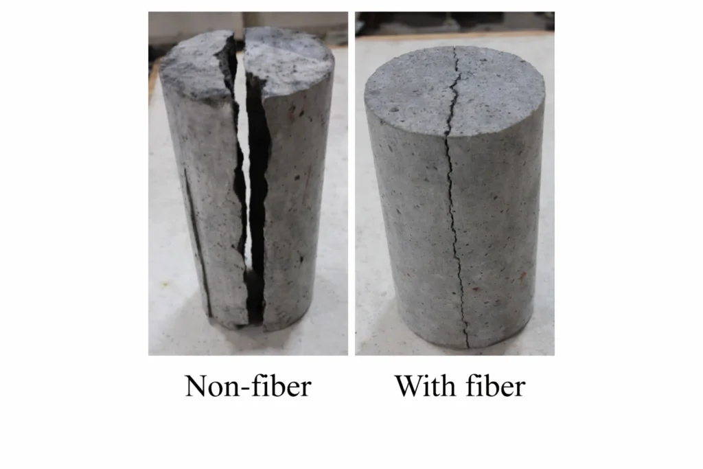 A close-up diagram shows macro polypropylene fibers crossing a crack and holding the cracked concrete faces together.