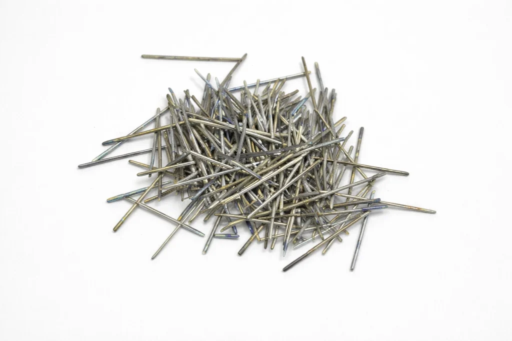 Straight steel micro fibers piled on a light gray background for concrete reinforcement use
