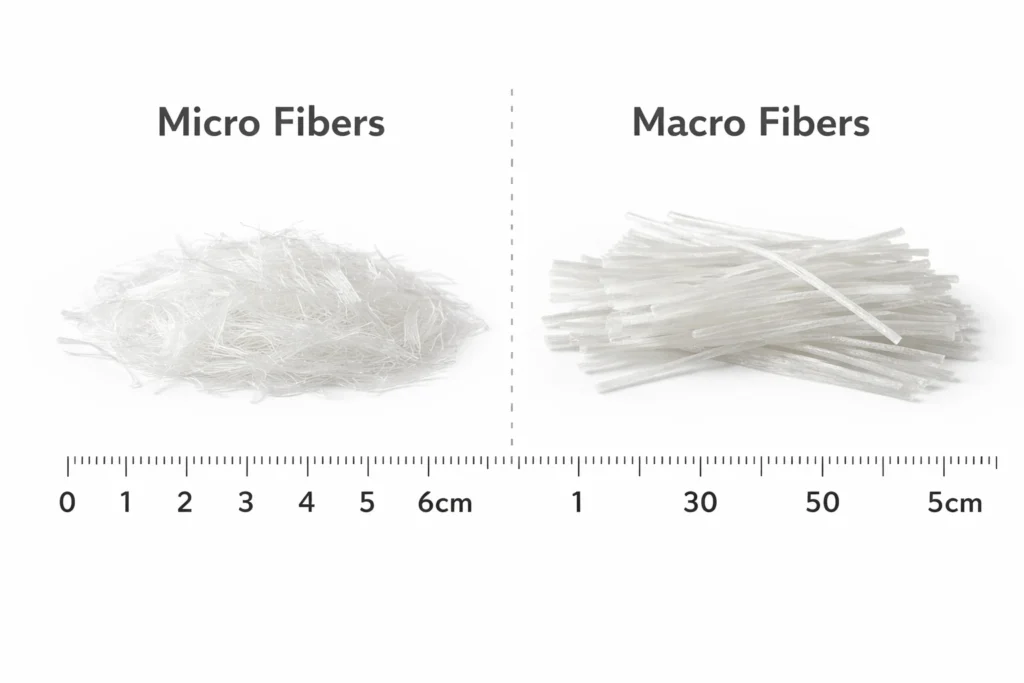 Fine short synthetic fibers sit beside longer thicker synthetic fibers on a flat surface for size comparison.