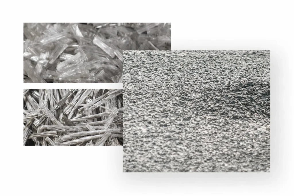 Fine micro polypropylene fibers are shown next to thicker and longer macro polypropylene fibers.