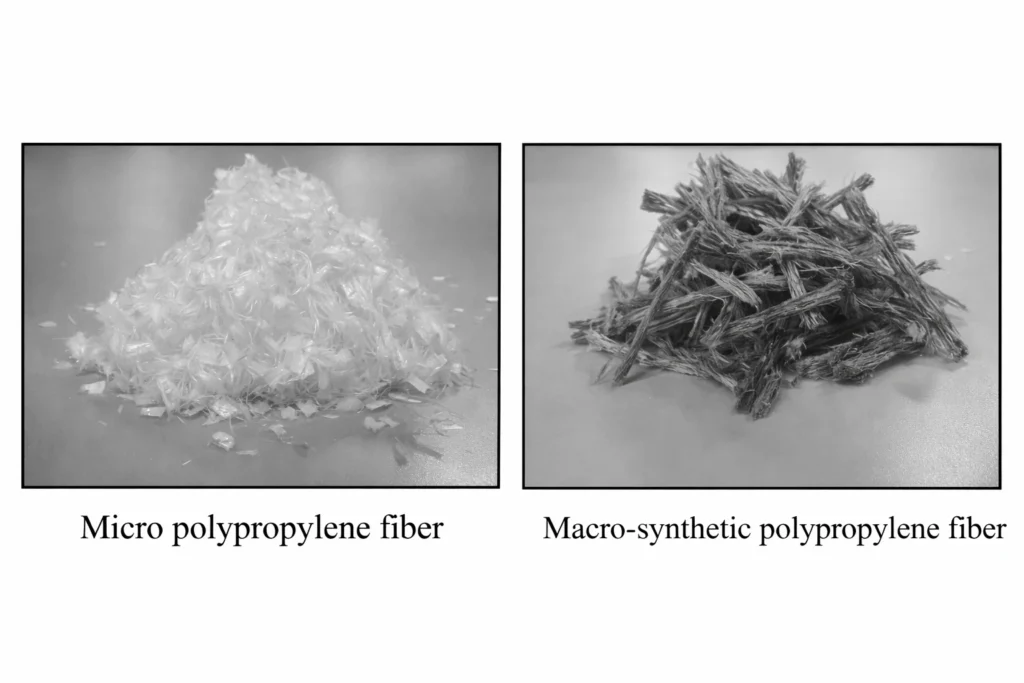 Fine short micro polypropylene fibers sit beside longer thicker macro polypropylene fibers.