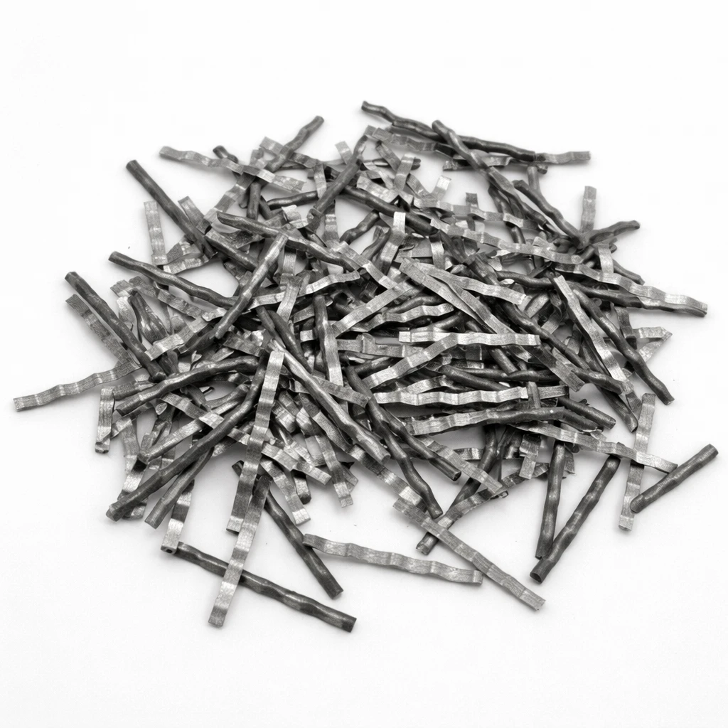 Crimped flat steel fiber bundle on a light gray background for industrial concrete reinforcement