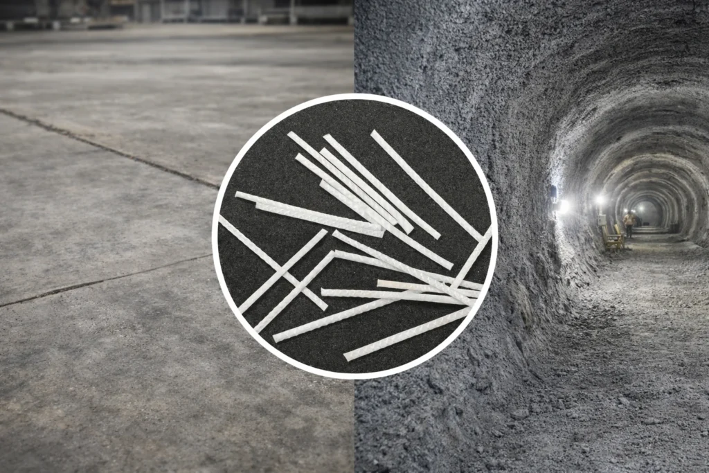 Long embossed polypropylene macrofibers sit beside fresh concrete and a concrete slab sample.