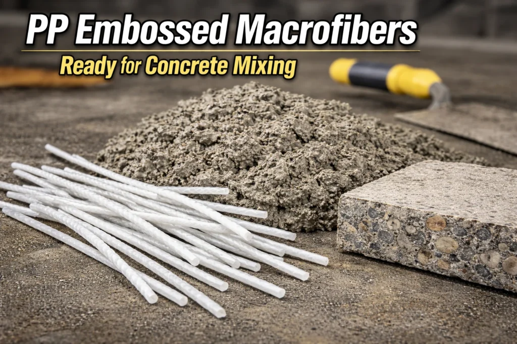 Long embossed polypropylene macrofibers sit beside fresh concrete and a concrete slab sample.