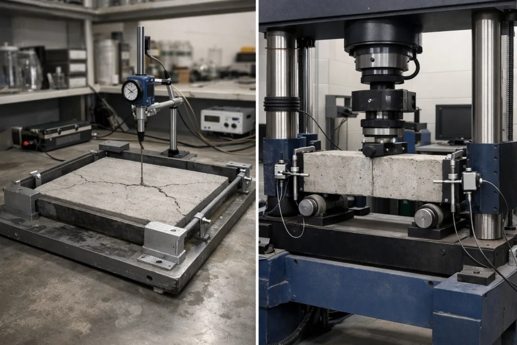 A lab setup shows a restrained panel test area and a flexural beam test frame for fiber reinforced concrete.