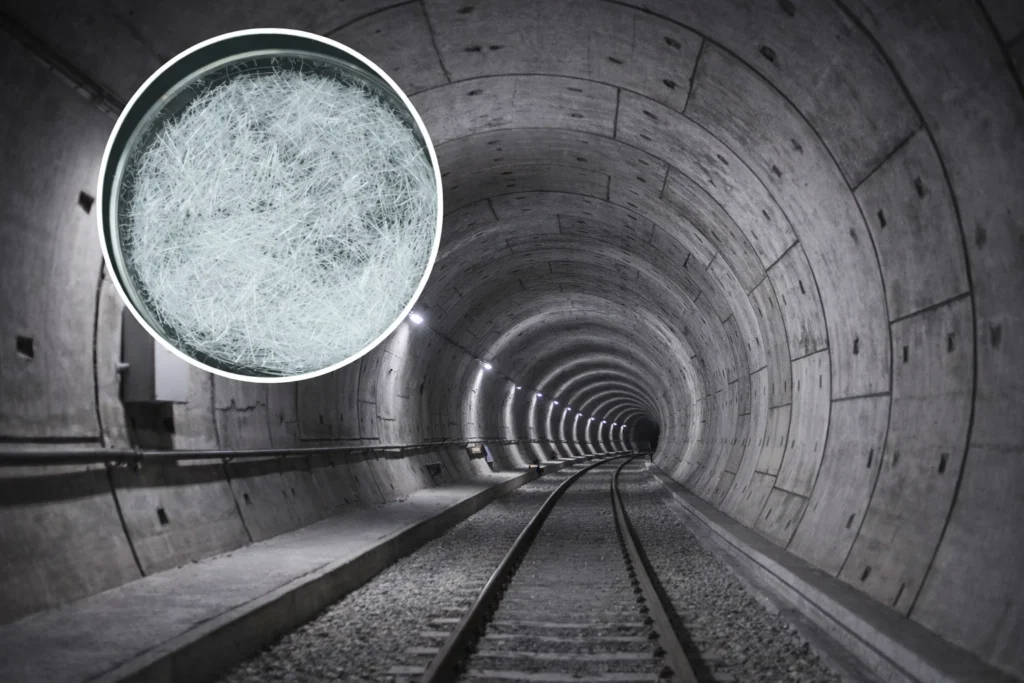 A tunnel concrete lining and a fire-exposed concrete concept graphic are shown together to explain spalling resistance use.