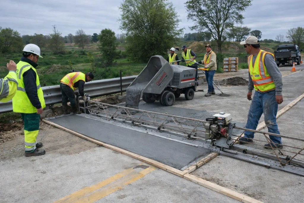 A bridge deck overlay pour is in progress with fiber-reinforced concrete being spread and finished by a paving crew.
