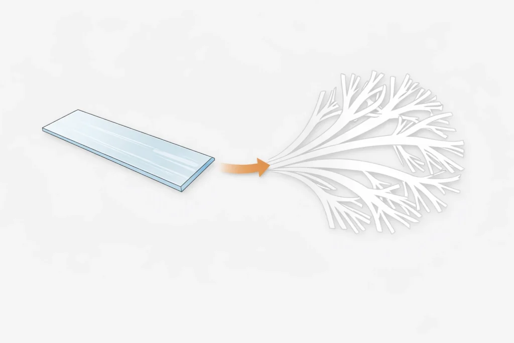 A simple diagram shows a slit-film polypropylene strip opening into a branching fibrillated network.