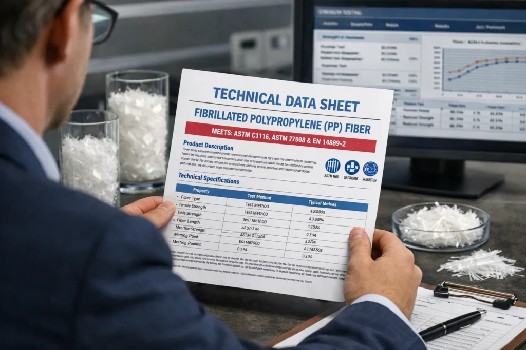 A buyer reviews a technical data sheet that lists ASTM C1116, ASTM D7508, and EN 14889-2 compliance for a fibrillated polypropylene fiber.
