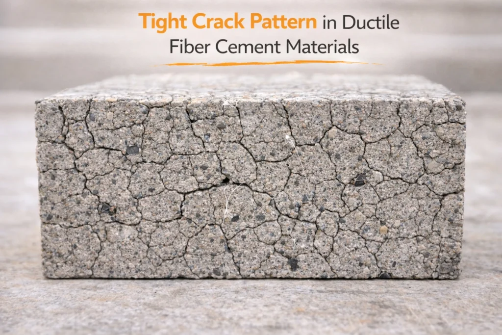 A close-up shows many fine cracks in a cement specimen that remains intact after tensile loading.