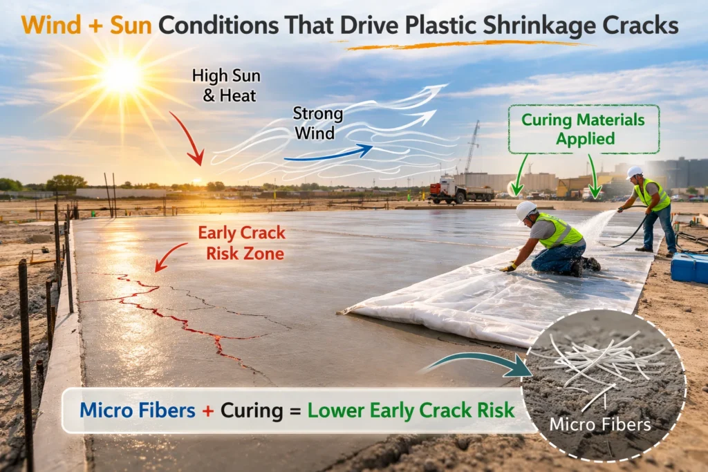 A large slab pour sits under sun and wind while a crew places curing materials nearby.