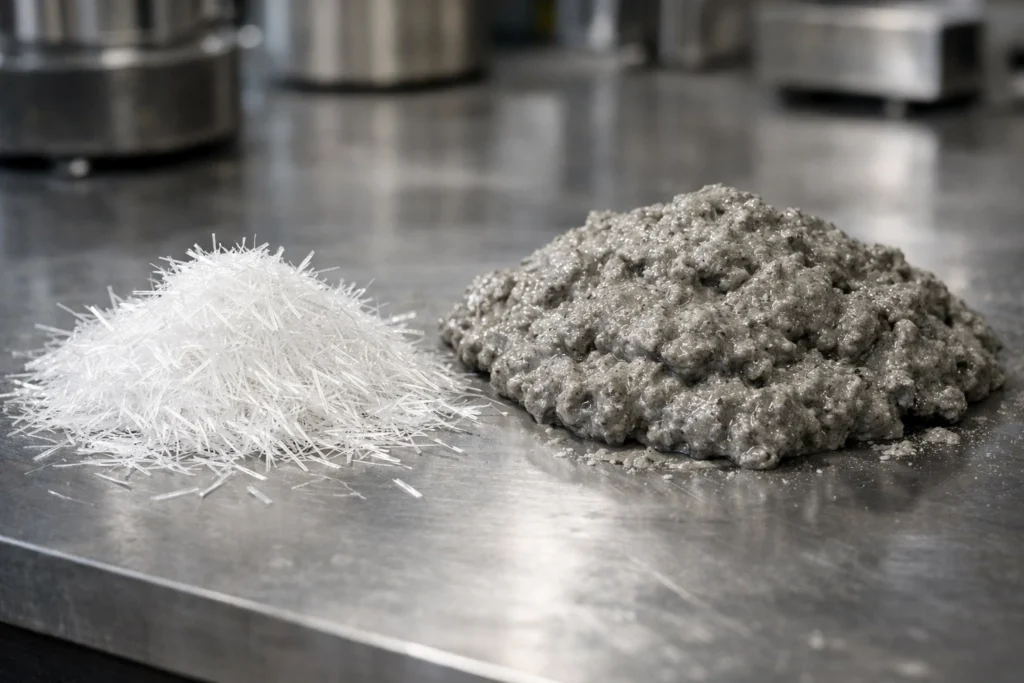 Un primer plano muestra fibras de vidrio resistentes a los álcalis cortadas junto a una muestra de mezcla cementosa de GFRC.