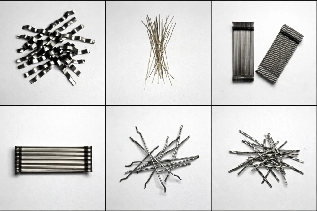 用于混凝土的几种类型的钢纤维,包括钩端钢纤维、直钢纤维和卷曲钢纤维