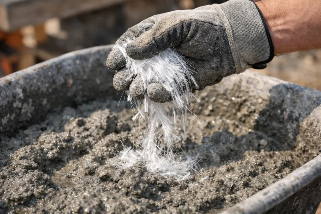 在新拌混凝土中加入合成聚丙烯和聚酯纤维