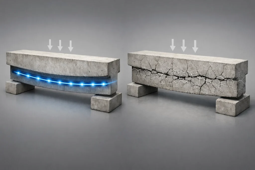 A diagram shows FRP bars carrying force along a beam section, while short fibers in FRC bridge many cracks throughout the concrete.