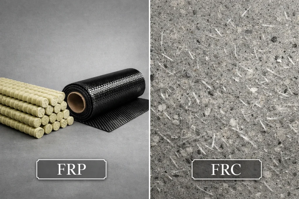 A simple two-part graphic labels FRP as bars and sheets, and FRC as concrete with short fibers mixed throughout.