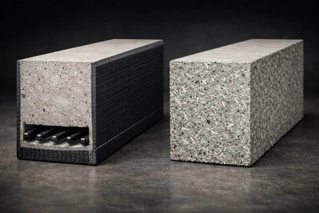 A diagram shows FRP as bars and sheets outside or inside concrete, while FRC is shown as concrete with short fibers distributed throughout the section.