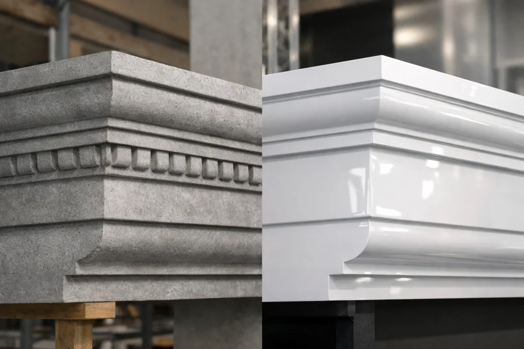 Una imagen en paralelo muestra un elemento arquitectónico de GFRC con aspecto de hormigón y un panel compuesto de GRP moldeado brillante.