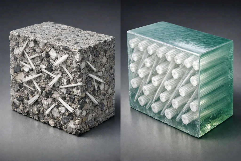 Un sencillo diagrama muestra fibras de vidrio dentro de una matriz de cemento para el GFRC y fibras de vidrio dentro de una matriz de resina polimérica para el GRP.