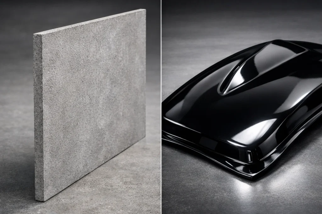 L'une des faces montre un mince panneau architectural en béton GFRC, et l'autre face un produit composite GRP moulé avec une surface en résine brillante.