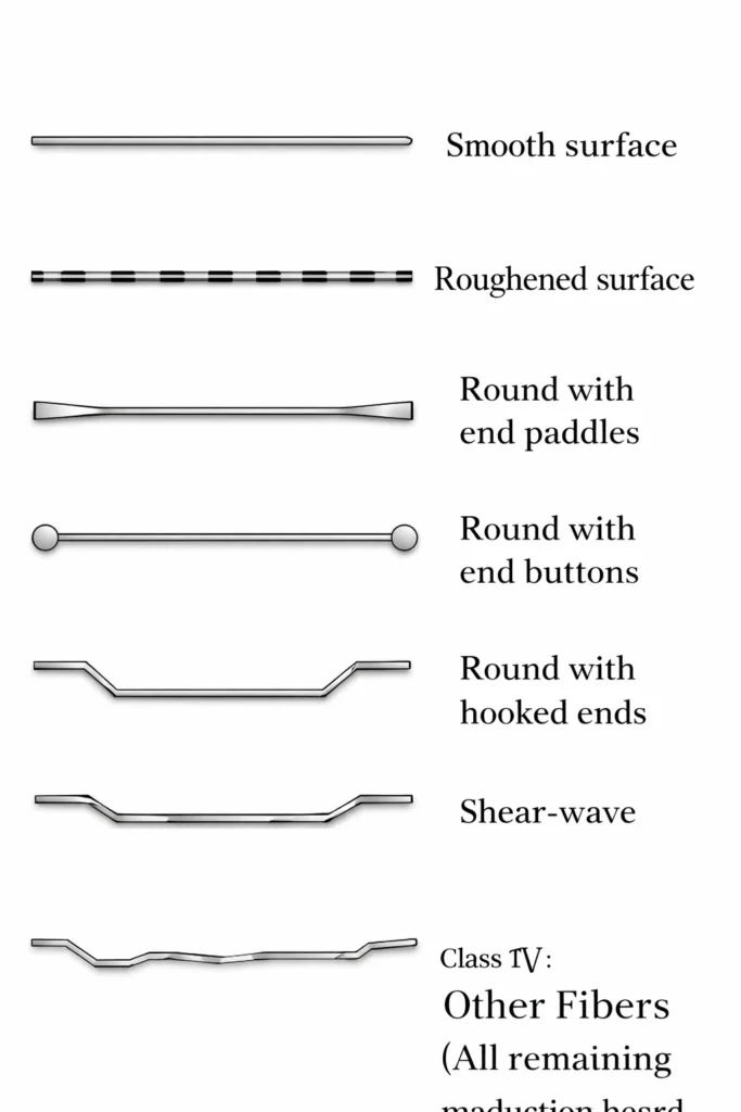 Hooked-end, crimped, straight, and twisted steel fibers used in concrete