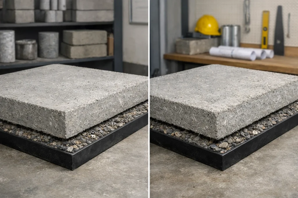 Концептуальное изображение бок о бок, демонстрирующее применение полипропиленового фибробетона и полиэфирного ПЭТ-фибробетона