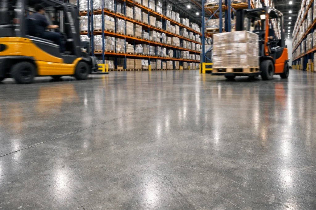 Large warehouse floor made with steel fiber concrete designed for forklift traffic