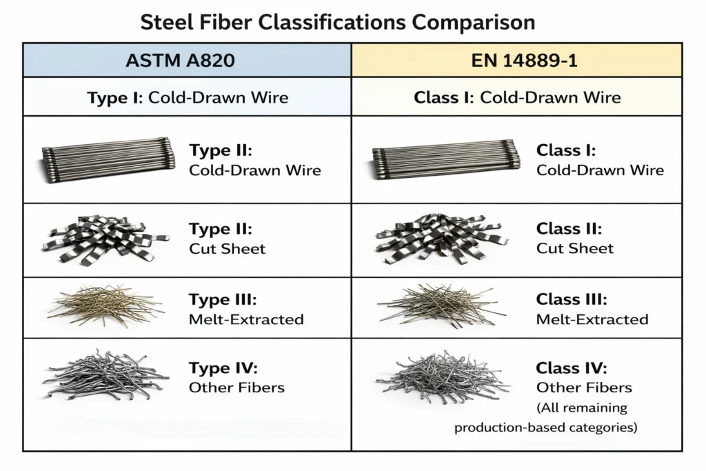 Diagram showing ASTM and EN standard classifications for steel fibers used in concrete