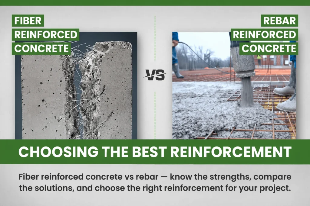 Fresh concrete with visible fibers beside steel rebar used for concrete reinforcement