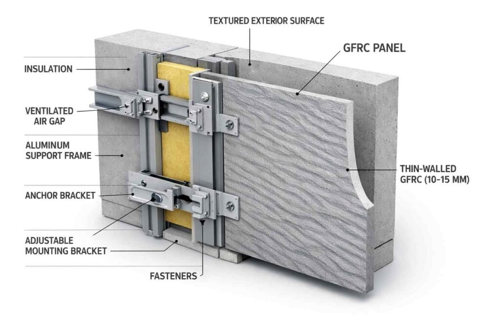 Thin-walled glass fibre reinforced concrete facade panels installed on a modern building