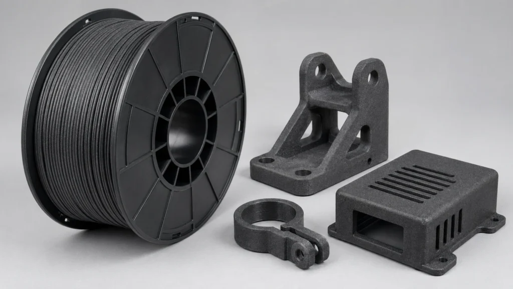 轻质碳纤维增强聚丙烯印刷部件旁的 PP CF 长丝线轴