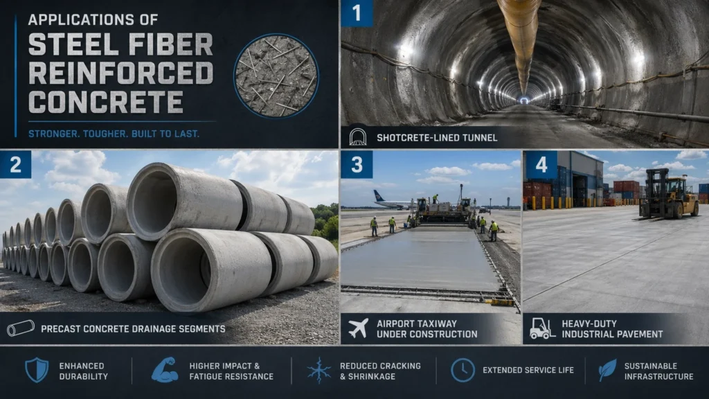 A collage showcasing SFRC applications in tunnel linings, precast drainage segments, airport taxiways, and industrial pavements