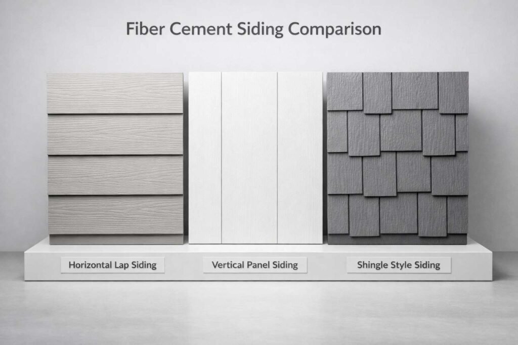 Different fiber cement siding profiles including lap boards, vertical panels, and shingle siding