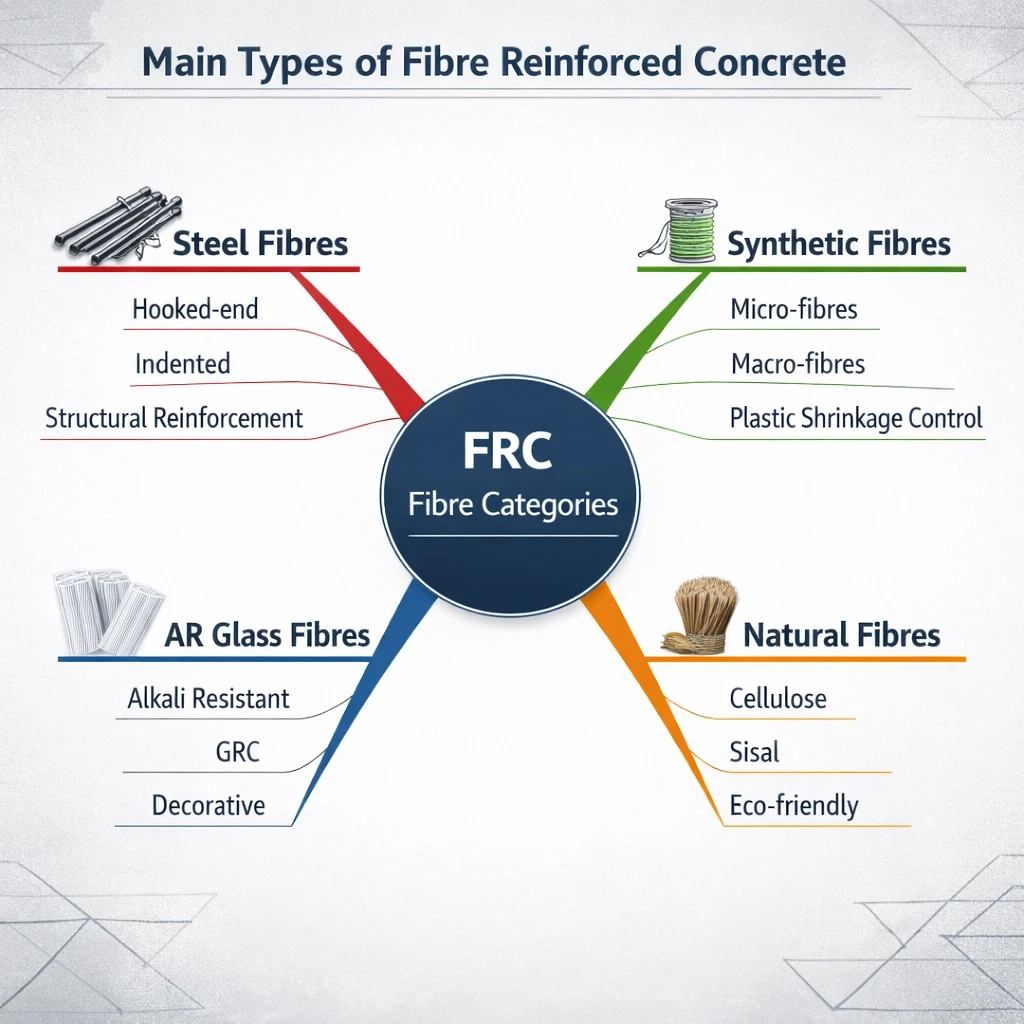 Comparison of steel, synthetic, glass, and natural fibres used in fibre reinforced concrete