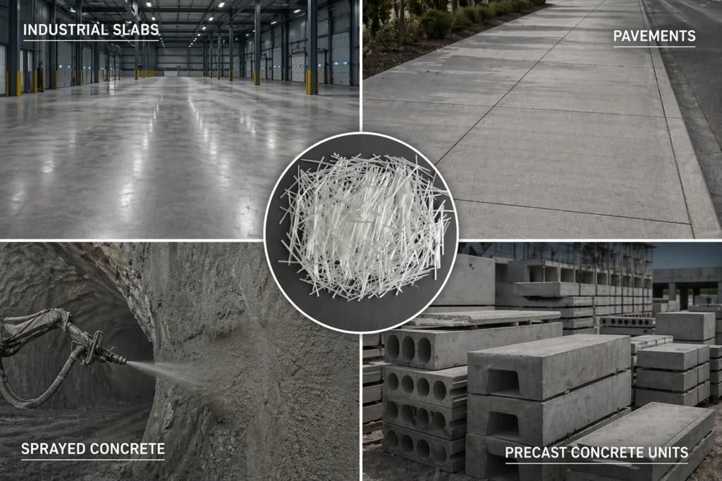 Fibre reinforced concrete used in slabs pavements shotcrete and precast concrete applications