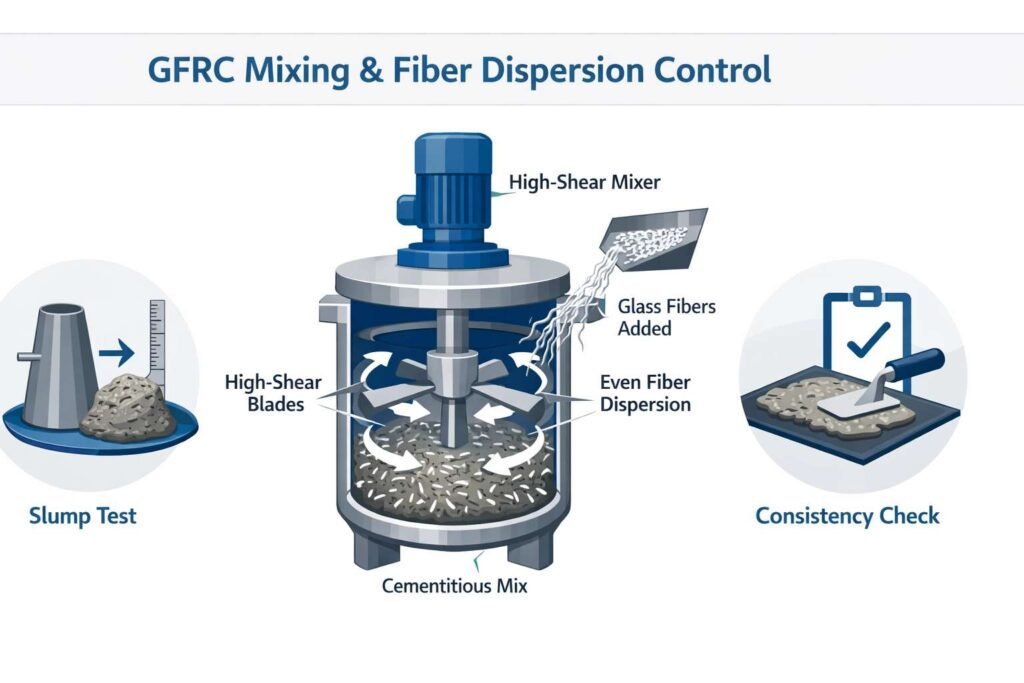 Workers mixing GFRC while checking fibre dispersion and fresh mix consistency